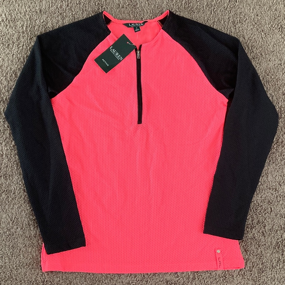 LAUREN RALPH LAUREN Half Zip Long Sleeve Waffle Textured Top Size M Pink Black